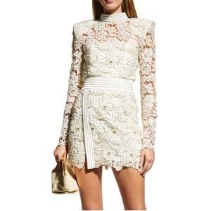 Zhivago Angelus Pearl & Lace Mini Dress US Sz 6 Gold Embroidered Satin MSRP $675